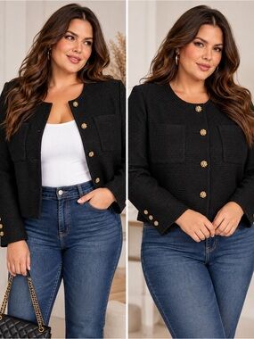 Torrid Belle Isle Black Boucle Boxy Structured Jacket Gold Buttons Size 2 2X